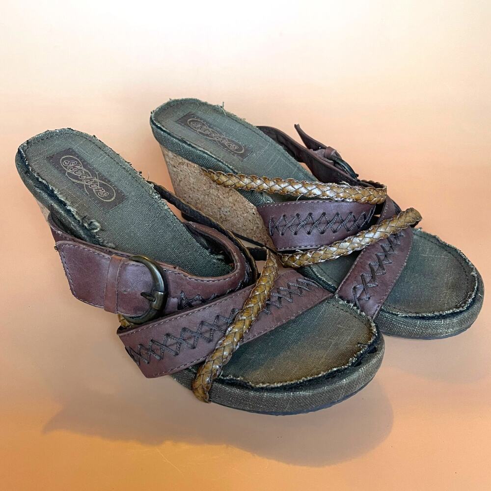 Skechers 47436 Y2K Brown Braided Cork Wedge Sandals Women’s Size 9 Boho